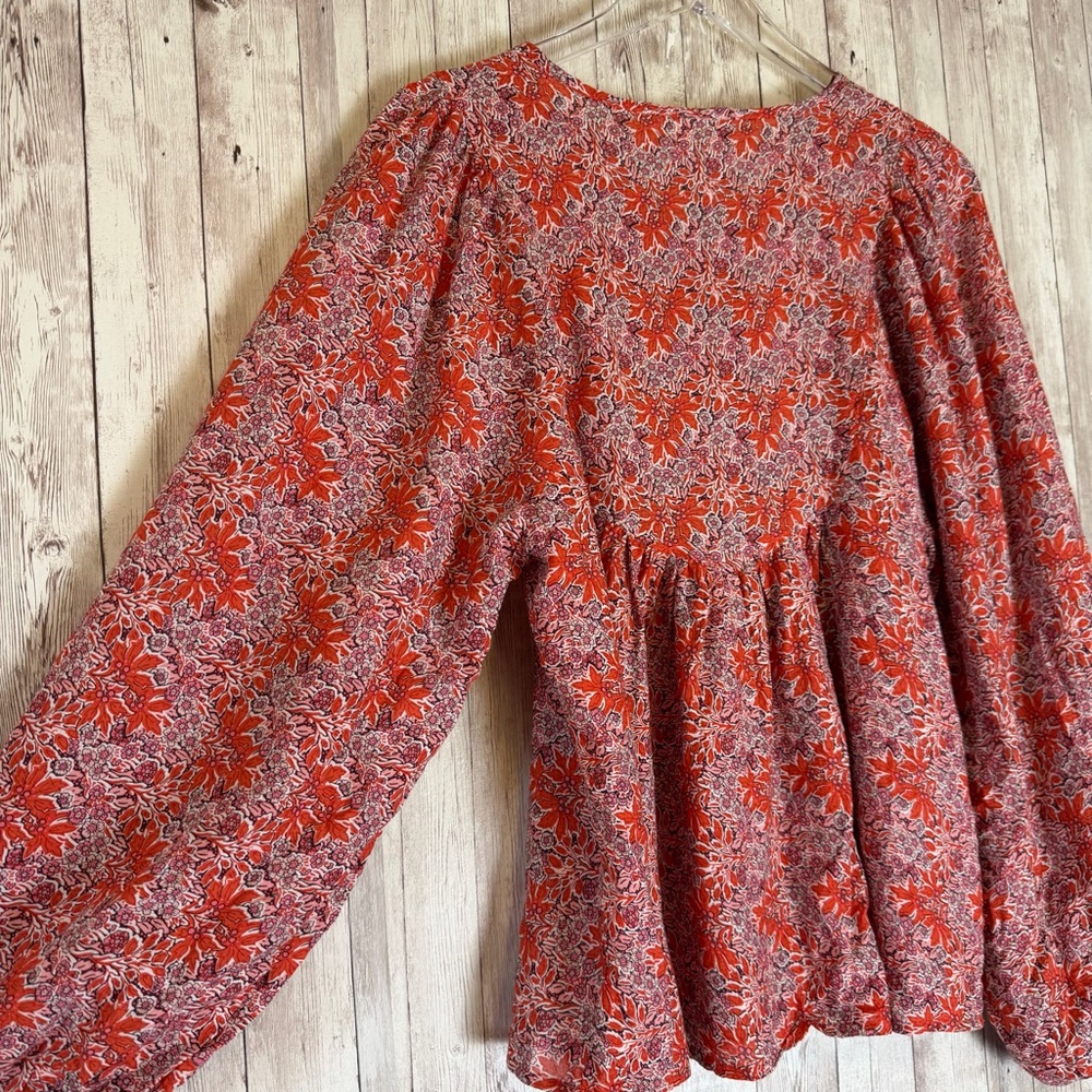 Solitaire Red Floral Boho Peasant Blouse Balloon Sleeve Medium - Picture 9 of 10